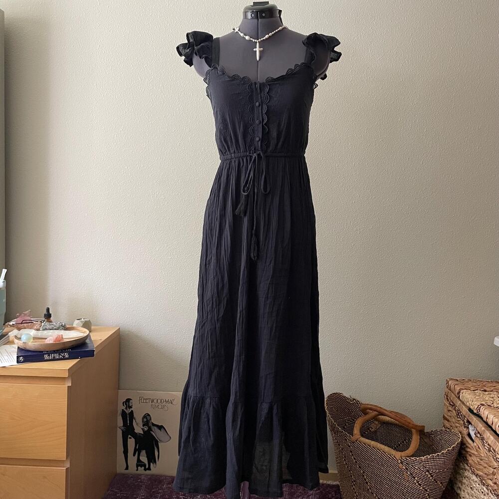 Black Ruffle Eyelet Maxi Dress boho whimsical prairie cottage | size s
